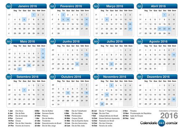 calendário de feriados 2016